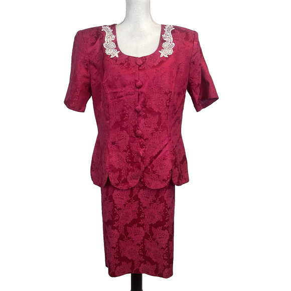 Vintage Melissa 2pc Blazer Skirt Suit Plus sz 16W Pink Brocade Lace Beads 80's - Picture 1 of 14